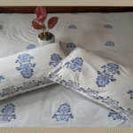 Premium Hand block Printed Blue Pottery King Size Bed Sheet with 2 Pillows
