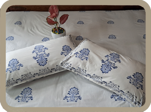 Premium Hand block Printed Blue Pottery King Size Bed Sheet with 2 Pillows