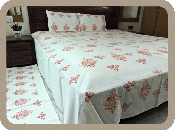 Premium Hand block Printed Fleur  Di Lis King Size Bed Sheet with 2 Pillows