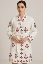 Personalized Block print Waffle Cotton bath robes for women- Red Poppy - Image 2