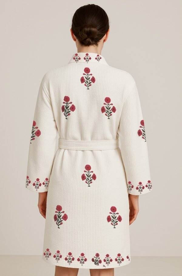 Personalized Block print Waffle Cotton bath robes for women- Red Poppy