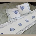 Premium Hand block Printed Blue Pottery - Bed Runner  with 2 Cushion Covers