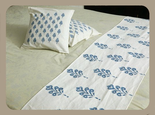 Premium Hand block Printed Buta Blue AO - Bed Runner  with 2 Cushion Covers