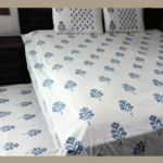 Premium Hand block Printed Blue Buta AO - King Size Bed Sheet with 2 Pillows