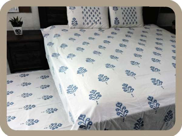 Premium Hand block Printed Blue Buta AO - King Size Bed Sheet with 2 Pillows