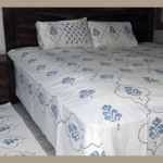 Premium Hand block Printed Blue Buta MG - King Size Bed Sheet with 2 Pillows