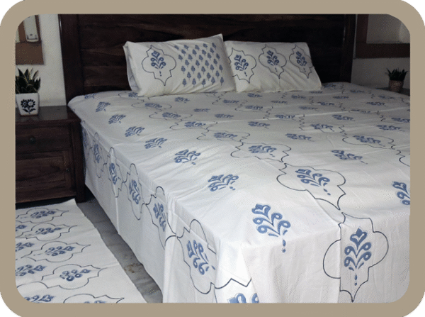Premium Hand block Printed Blue Buta MG - King Size Bed Sheet with 2 Pillows