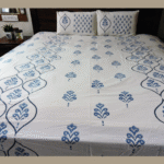 Premium Hand block Printed Blue Buta OGS - King Size Bed Sheet with 2 Pillows