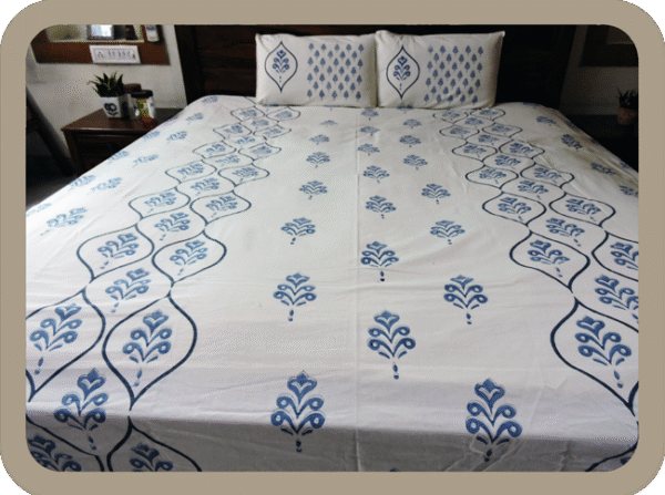 Premium Hand block Printed Blue Buta OGS - King Size Bed Sheet with 2 Pillows