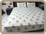 Premium Hand block Printed Green Buta AO - King Size Bed Sheet with 2 Pillows