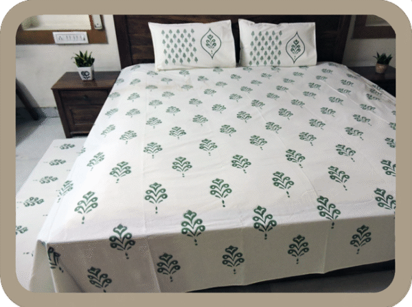 Premium Hand block Printed Green Buta AO - King Size Bed Sheet with 2 Pillows