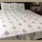 Premium Hand block Printed Green Buta MG - King Size Bed Sheet with 2 Pillows