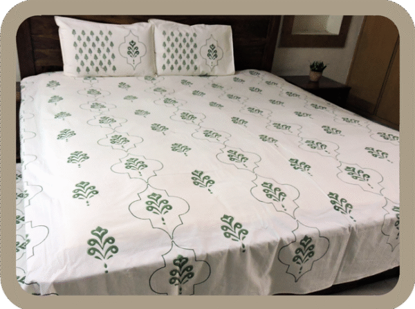 Premium Hand block Printed Green Buta MG - King Size Bed Sheet with 2 Pillows