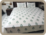 Premium Hand block Printed Green Buta OG - King Size Bed Sheet with 2 Pillows