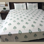 Premium Hand block Printed Green Buta OG - King Size Bed Sheet with 2 Pillows