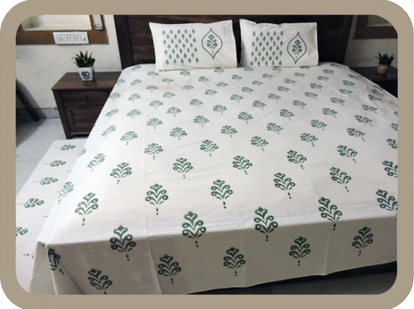 Premium Hand block Printed Green Buta OG - King Size Bed Sheet with 2 Pillows