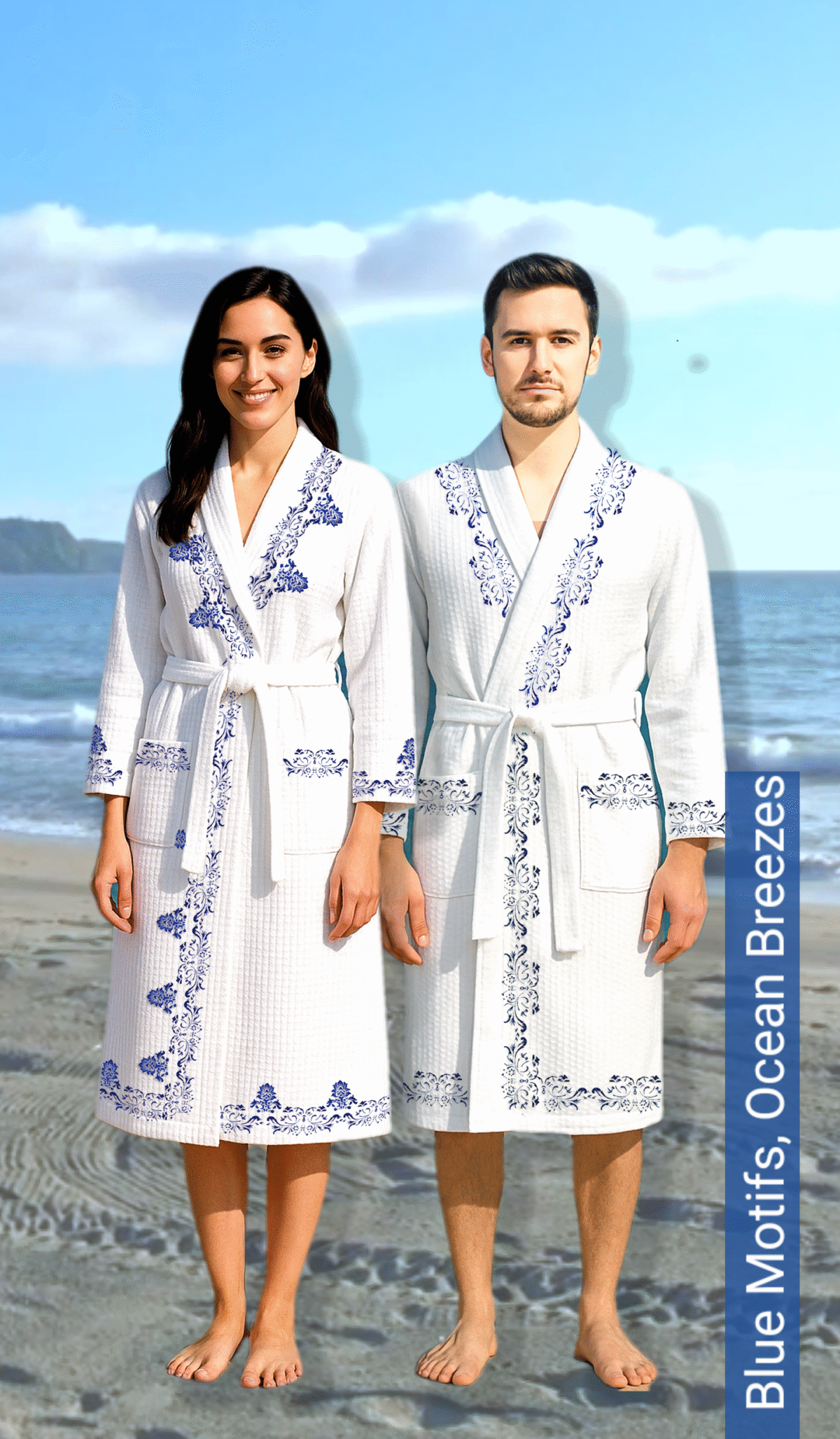 Personalized Block print Waffle Cotton bath robes for women – Blue Pottery - Image 2