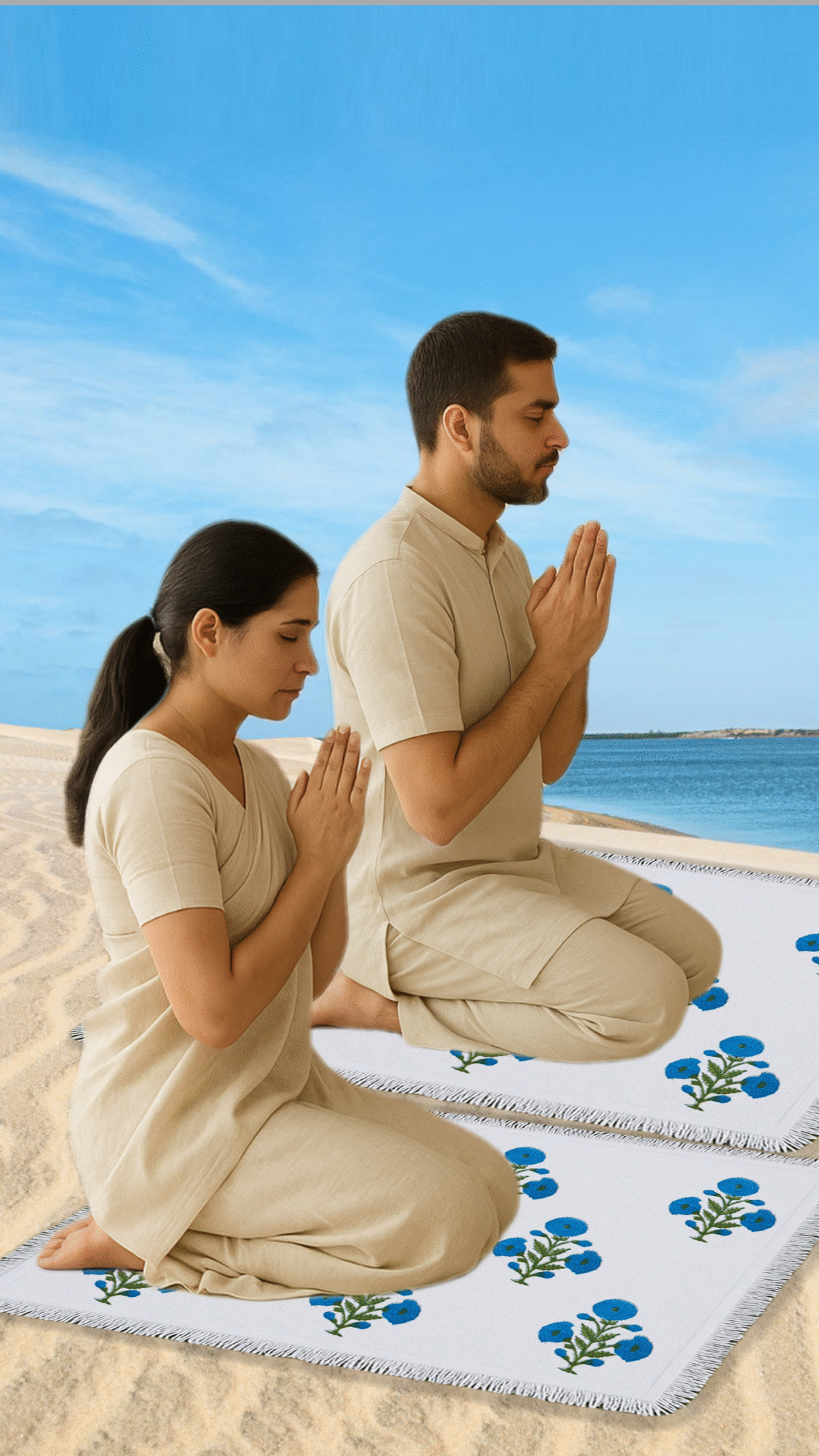 Personalized Block print Cotton Canvas Washable Prayer Mat – Poppy Blue - Image 1