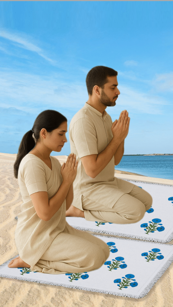 Personalized Block print Cotton Canvas Washable Prayer Mat – Poppy Blue