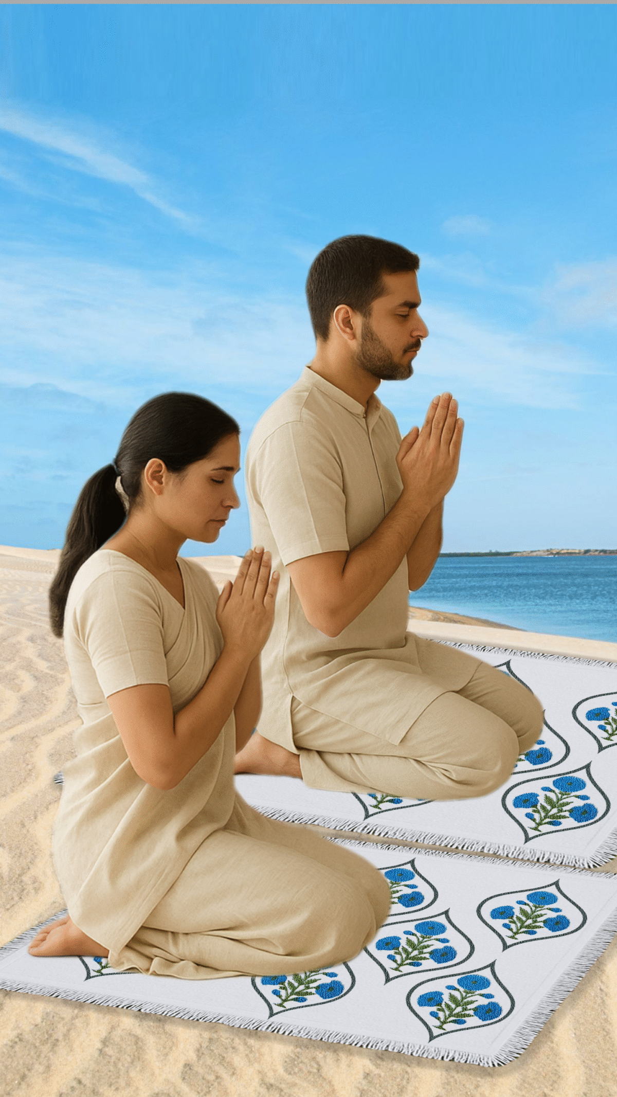Personalized Block print Cotton Canvas Washable Prayer Mat – Poppy Blue - Image 3