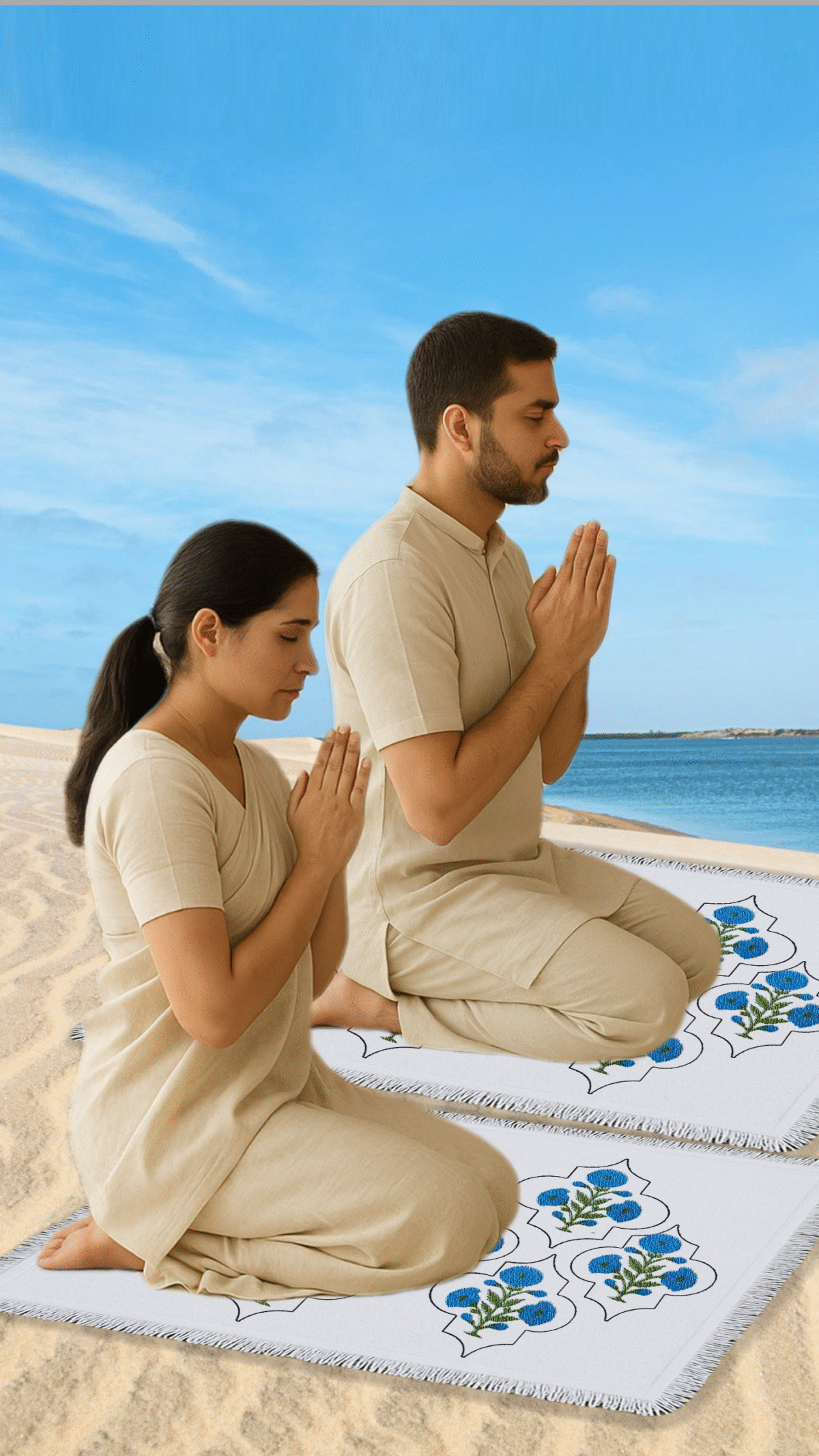 Personalized Block print Cotton Canvas Washable Prayer Mat – Poppy Blue - Image 4