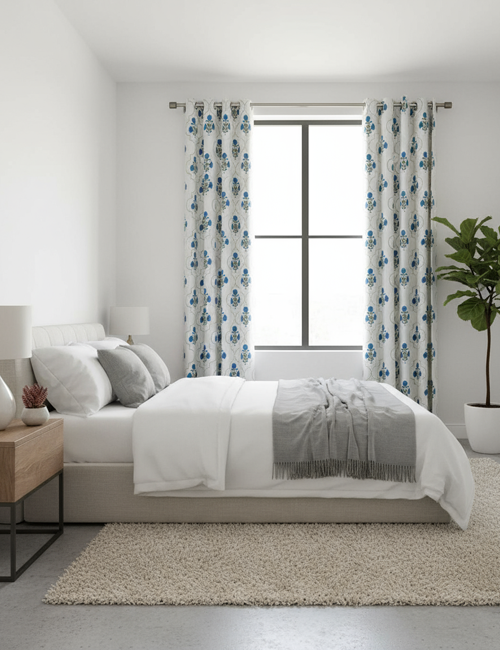 Premium Hand block Printed Blue Poppy MG Curtains