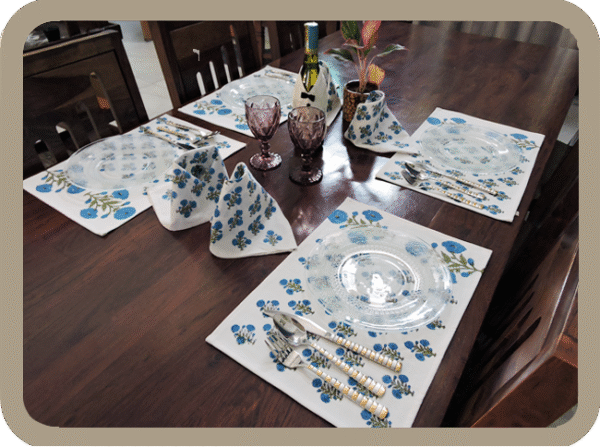 Dining Table  Linen Set – Poppy Blue AO 100% Cotton Canvas and Cotton Cloth Reusable - Set of 13 pcs.
