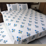 Premium Hand block Printed Blue Poppy All Over King Size Bed Sheet with 2 Pillows