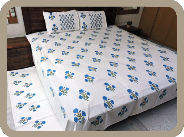 Premium Hand block Printed Blue Poppy All Over King Size Bed Sheet with 2 Pillows