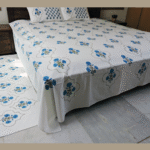 Premium Hand block Printed Blue Poppy MG - King Size Bed Sheet with 2 Pillows