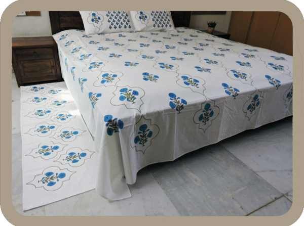 Premium Hand block Printed Blue Poppy MG - King Size Bed Sheet with 2 Pillows
