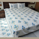 Premium Hand block Printed Blue Poppy OG - King Size Bed Sheet with 2 Pillows