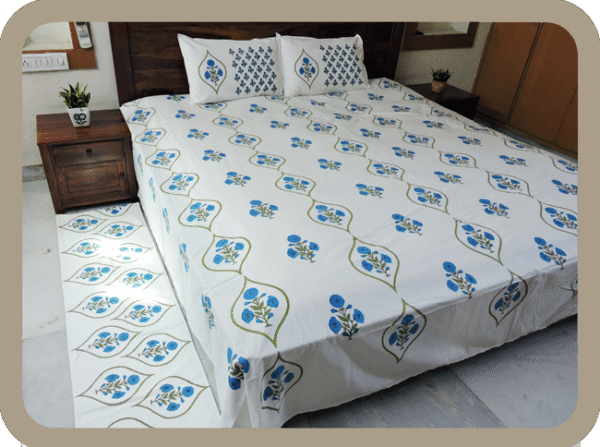 Premium Hand block Printed Blue Poppy OG - King Size Bed Sheet with 2 Pillows