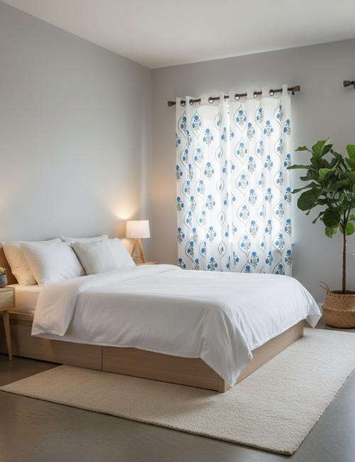 Premium Hand block Printed Blue Poppy OG Curtains
