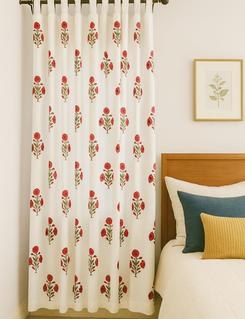 Premium Hand block Printed Red Poppy All Over Curtains