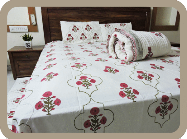 Premium Hand block Printed Red Poppy MG - King Size Bed Sheet with 2 Pillows