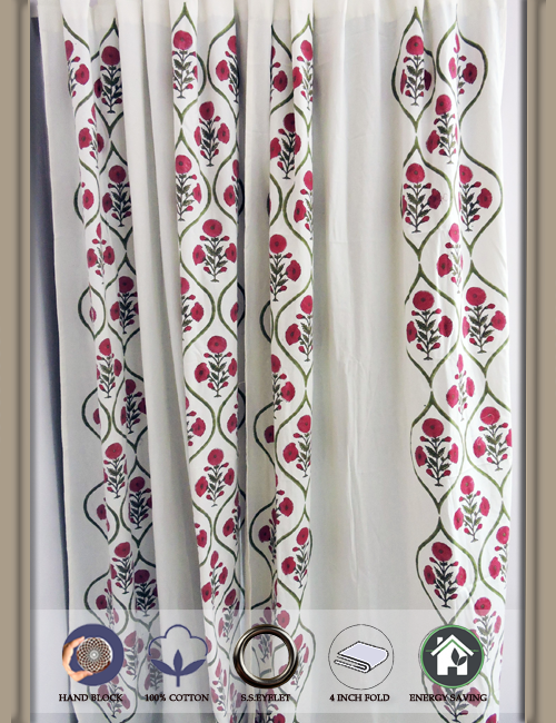 Premium Hand block Printed Red Poppy OG Curtains