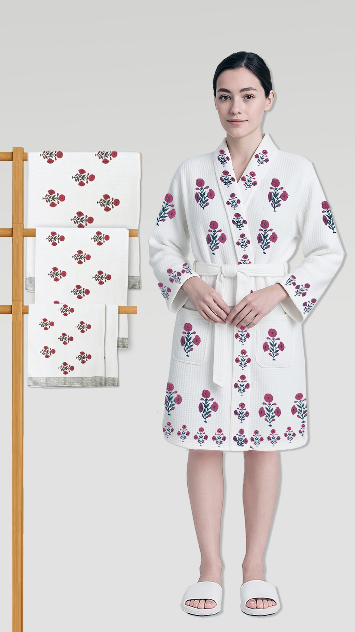 Special Block print Red Poppy Bath/Hand/Face Waffle Towel set - Image 3