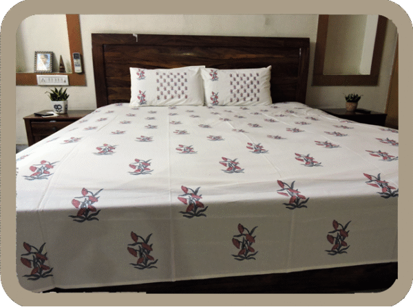 Premium Hand block Printed Red Floral All Over King Size Bed Sheet with 2 Pillows