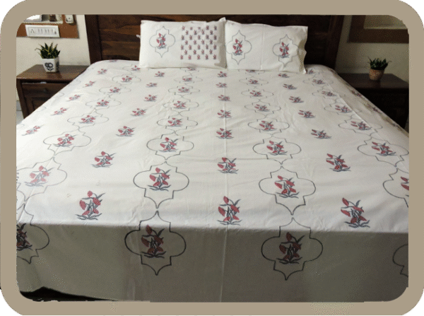 Premium Hand block Printed Red Floral MG King Size Bed Sheet with 2 Pillows