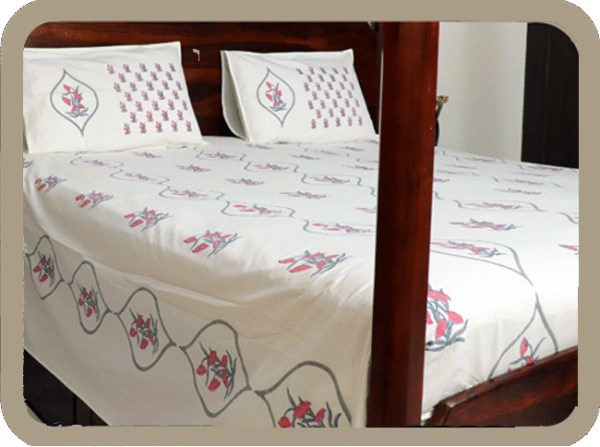 Premium Hand block Printed Red Floral OG King Size Bed Sheet with 2 Pillows