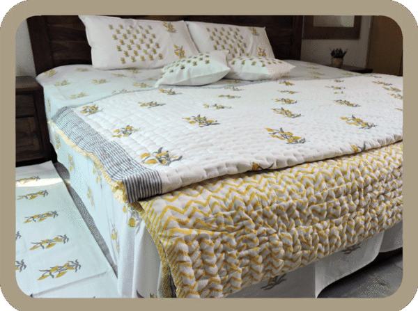 Premium Hand block Printed  Yellow Floral All Over King Size Bed Sheet  with 2 Pillows