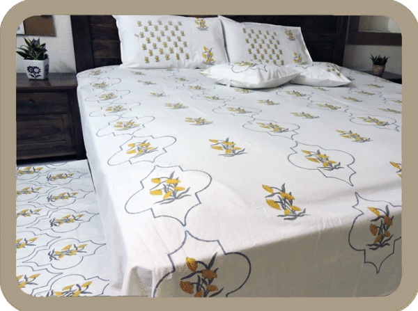 Premium Hand block Printed  Yellow Floral MG King Size Bed Sheet with 2  Pillows