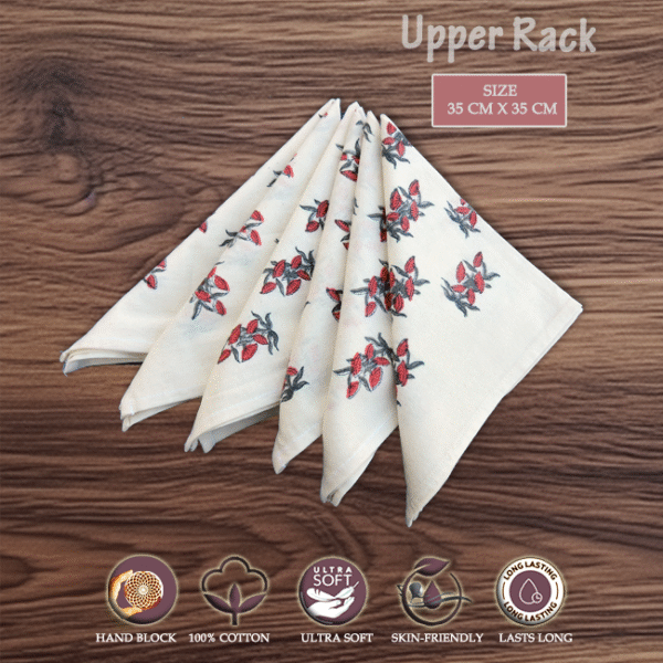 100% Cotton Napkins – Red Flower AO Multipurpose Uses - Dining Table Napkins, Kitchen Napkins, Work Lunch Napkins Reusable - Set of 6 pcs.