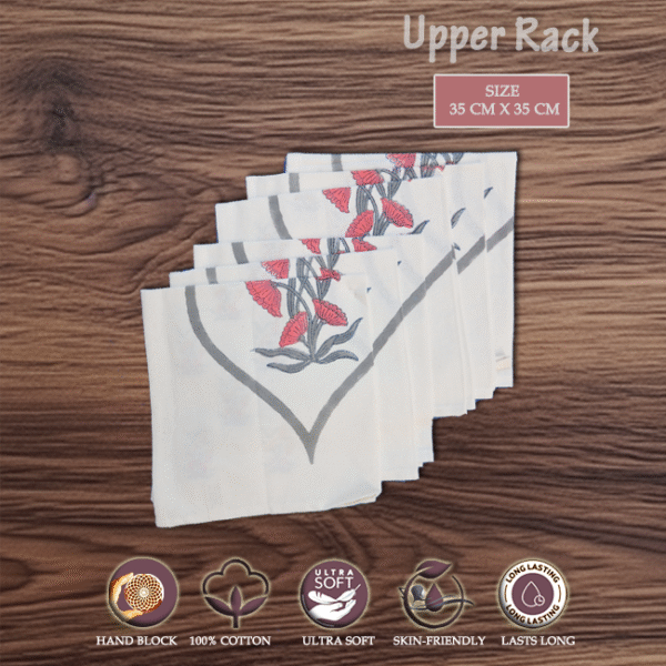 100% Cotton Napkins – Red Flower OG Multipurpose Uses - Dining Table Napkins, Kitchen Napkins, Work Lunch Napkins Reusable - Set of 6 pcs.