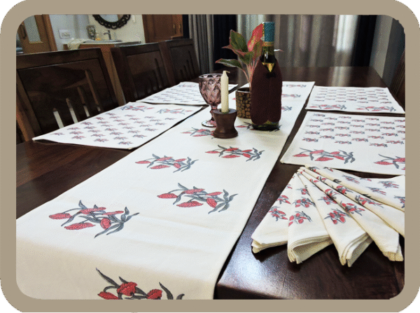 Dining Table  Linen Set – Sun Flower Red AO 100% Cotton Canvas and Cotton Cloth Reusable - Set of 13 pcs.