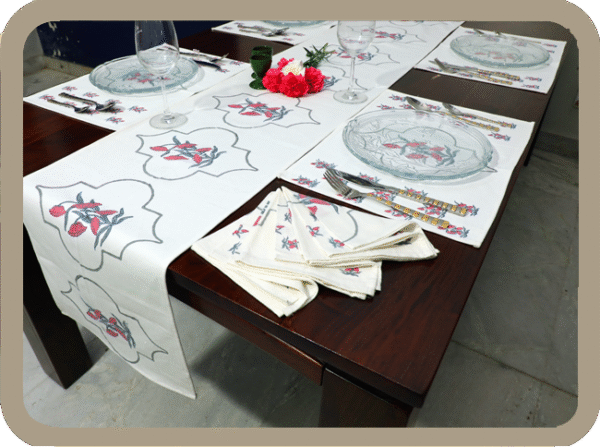 Dining Table Linen Set – Sun Flower Red MG 100% Cotton Canvas and Cotton Cloth Reusable – Set of 13 pcs.