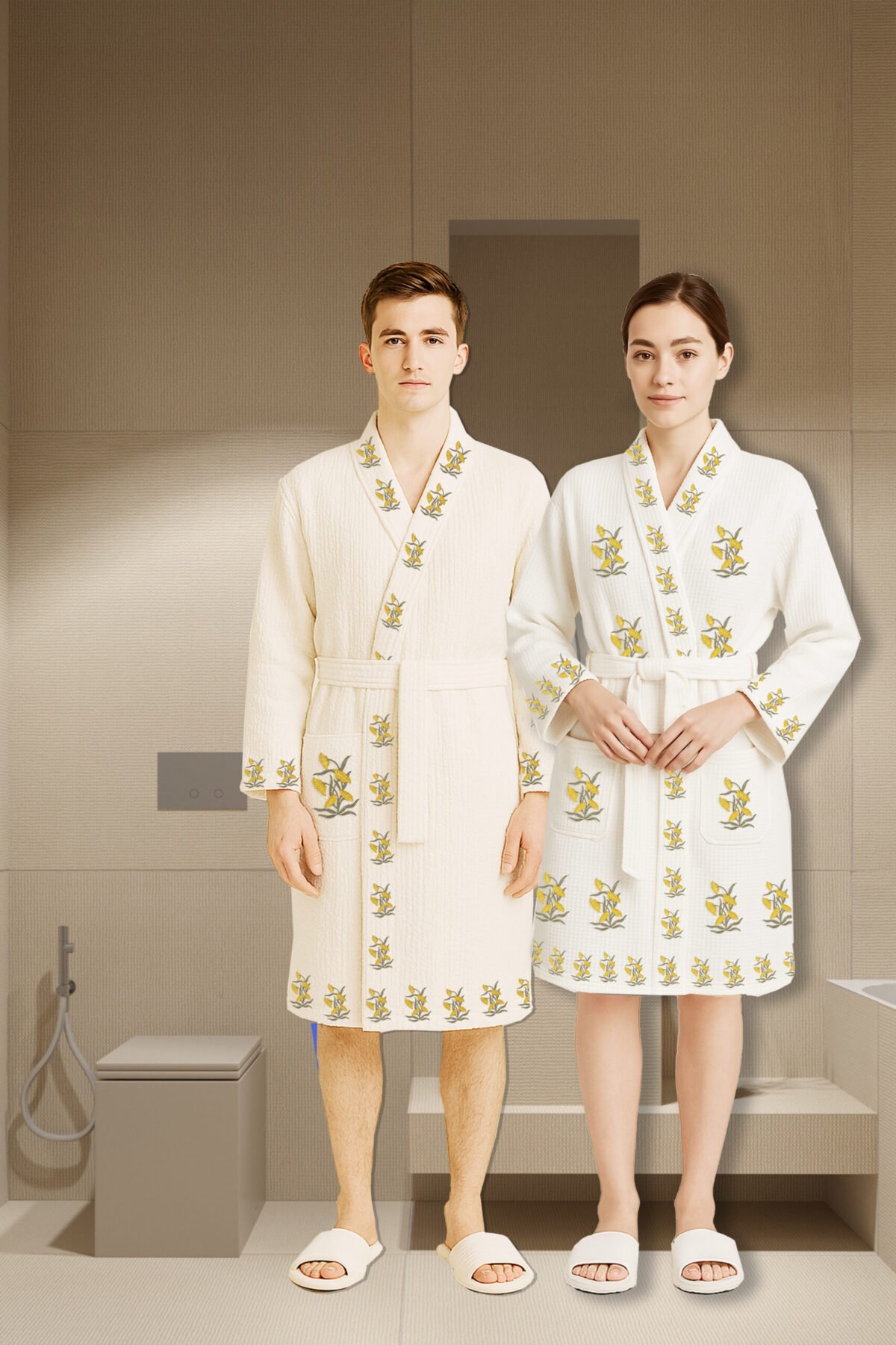 Personalized Block print Waffle Cotton bath robes for women – Yellow Floral - Image 2