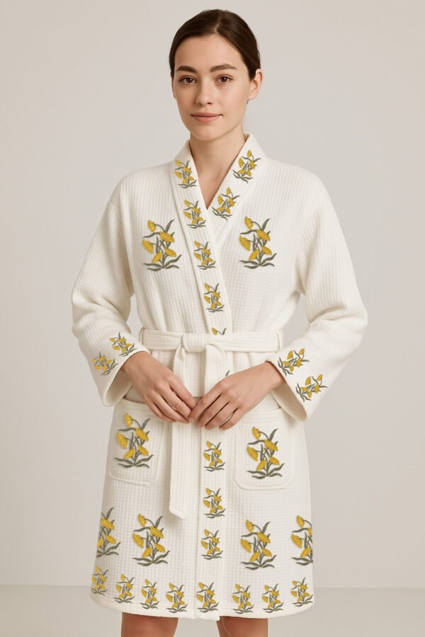 Personalized Block print Waffle Cotton bath robes for women – Yellow Floral