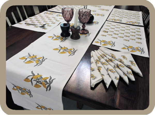 Dining Table  Linen Set – Sun Flower Yellow AO 100% Cotton Canvas and Cotton Cloth Reusable - Set of 13 pcs.